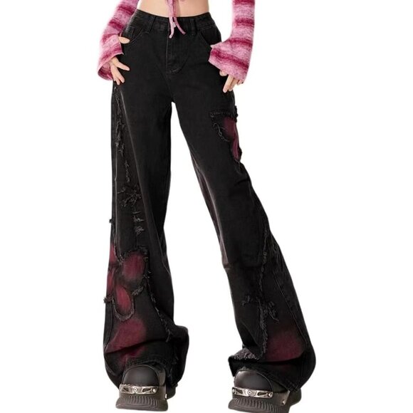 Emo Pants Women's Cotton Y2K Butterfly Tye Die Baggy Cargo Goth Jeans - Picture 2 of 5